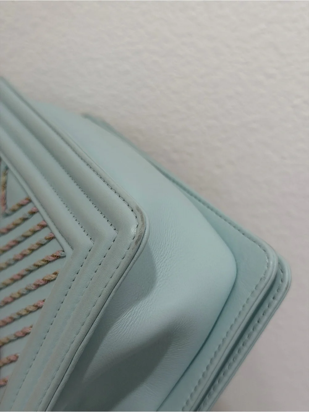 CHANEL Light Blue Chevron Quilted Boy Flap Shoulder Bag with Gold Hardware